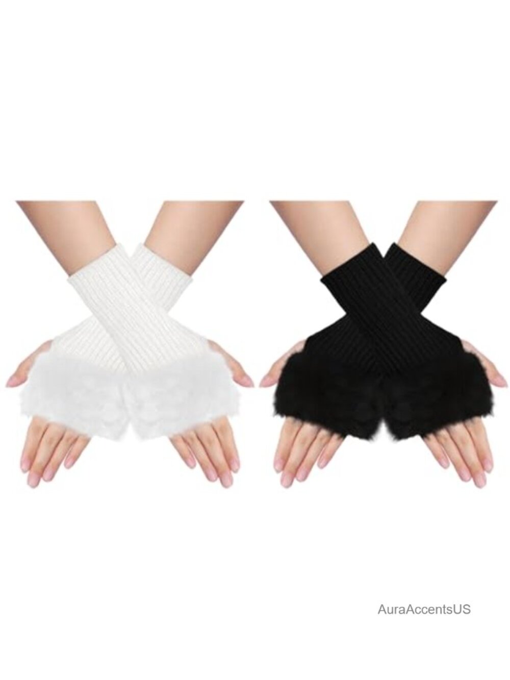 Furry Fingerless Knitted Gloves ThumbHole Arm Warmers Faux Fur Wrist Cuff